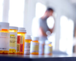 A large group of prescription medication bottles sit on a table as a man in the background stands with his hand on his head. The image is photographed with a very shallow depth of field with the focus being on the pill bottles in the foreground.